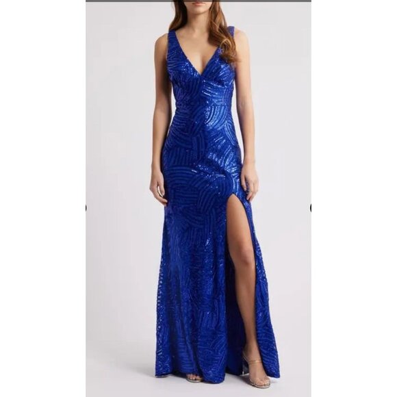 NWT City Studio Ball Gown Sequin Slit Low Back Maxi Dress Size 11 Royal Blue - Picture 1 of 10